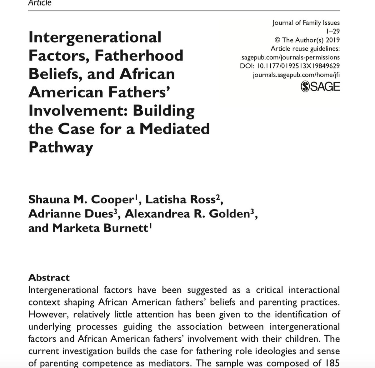 Sharing some of my recent work on #AfricanAmericanfathers--highlighting how #intergenerational experiences (w/ a father/father figure) shape parenting efficacy, #fatherhood role beliefs, and involvement among #BlackFathers. journals.sagepub.com/doi/10.1177/01…. #Blackfatherhood #Blackfamilies