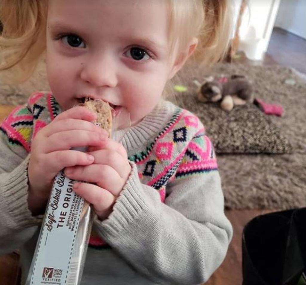 Whether with a big ol' glass of milk or solo, you can rest easy knowing that yummy snack she's enjoying is made from GMO-free and organic ingredients. #marlosbakeshop