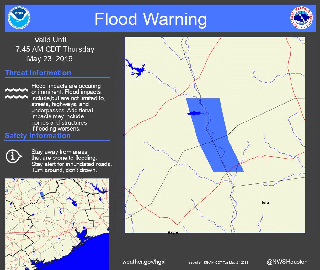 The Flood Warning Continues for The Navasota River Near Normangee until