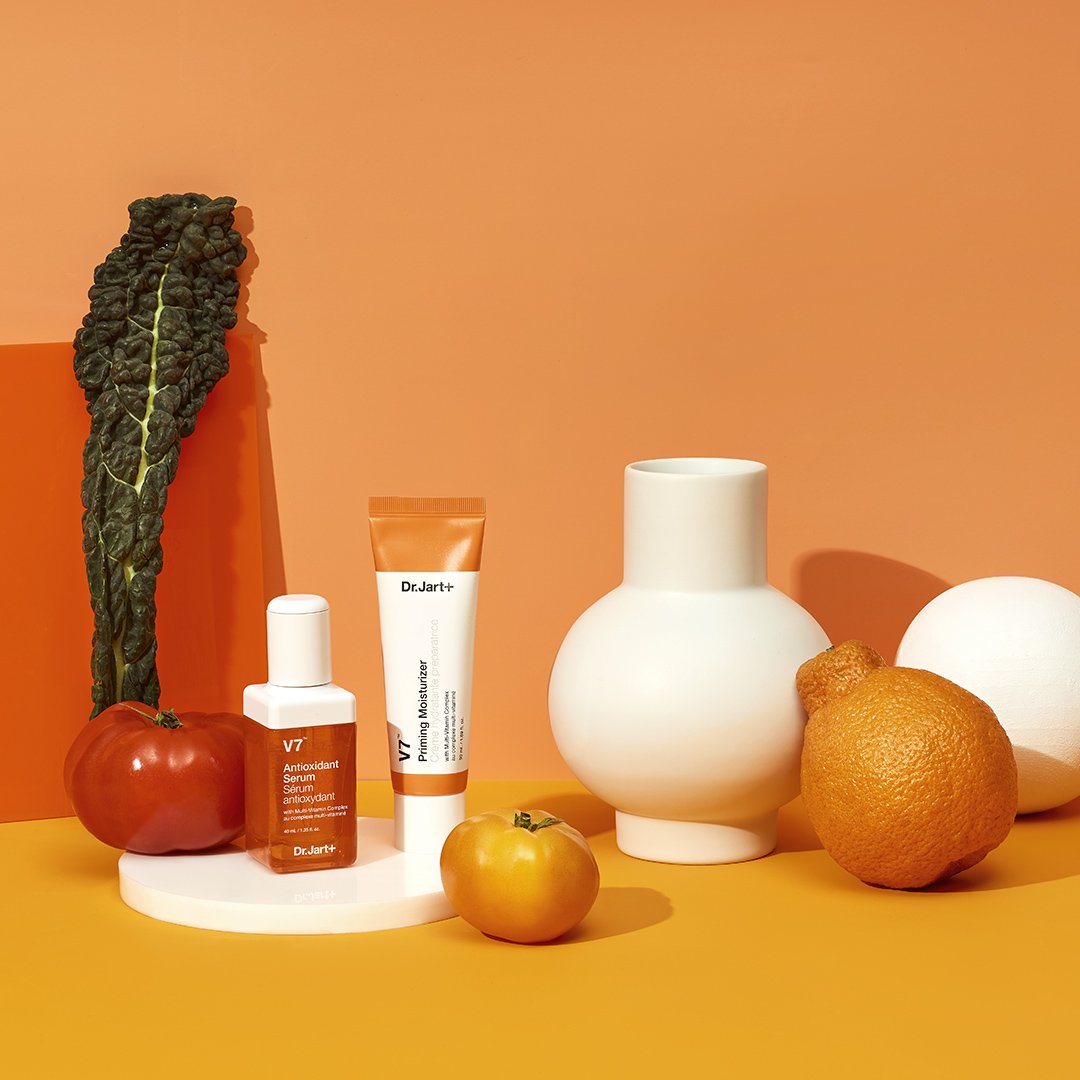 Introducing our NEW V7 collection to give skin its daily dose of 7 essential vitamins with a silky, dual-phase antioxidant serum and a priming moisturizer that helps even the complexion and noticeably blur pores. Available NOW exclusively online @sephora. 🧡 #drjart #v7