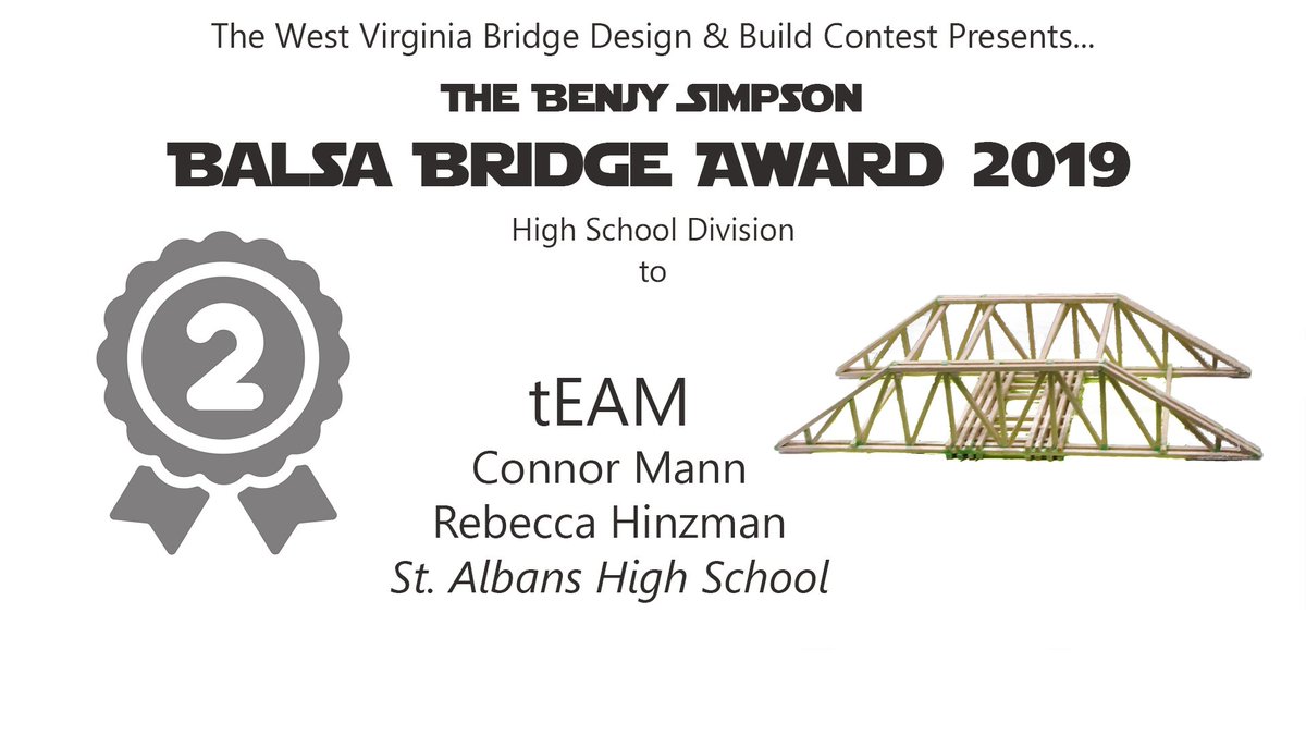 WVBDB's tweet photo. Congratulations to tEAM (Connor Mann and Rebecca Hinzman) from St. Albans High School from @KCBOE for placing 2nd in the Balsa Bridge Award (High School Division) in the 2019 West Virginia Bridge Design &amp; Build Contest! Their bridge held the second most weight in the division! https://t.co/VzOdwhGcbg