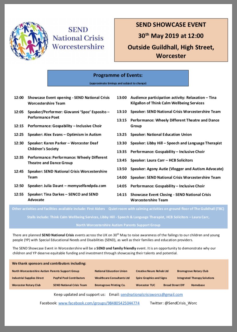 I am pleased to announce the programme of events for our SEND Showcase Event next Thursday 30th May, High St, Worcester. If the #SENDNationalCrisis effects you or your family then please come and show your support for our #Send children. #OurKidsMatter