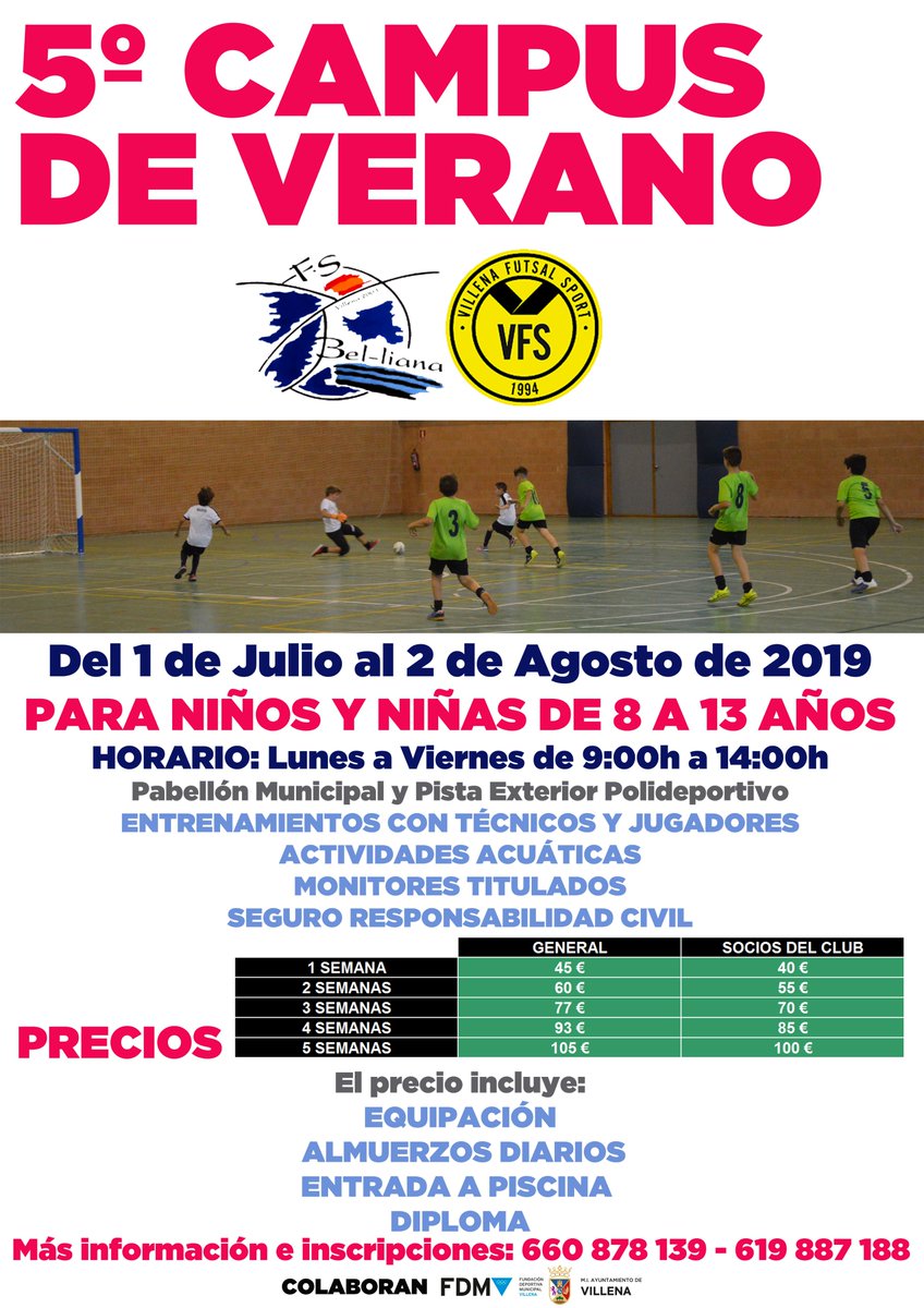 Del 1 de Julio al 2 de Agosto, junto al Villena Fútbol Sala, 5º Campus de verano de fútbol sala.
Para niños y niñas de 8 a 13 años, con monitores titulados y seguro de responsabilidad civil.
Inscripción e info: 660 878 139 - 619 887 18
#Beliana #Villena #Fútbol #Sala#Futsal