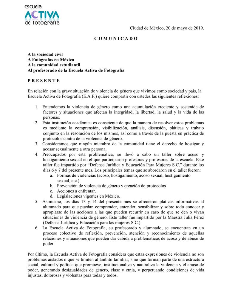 El comunicado de la <a href="/activadefoto/">Escuela Activa</a> después del #metoo
Por más espacios dispuestos a reflexionar, proponer y accionar

#metooFotógrafosMexicanos #MeTooFotógrafos #MeTooArtesMX #FotógrafasEnMéxico