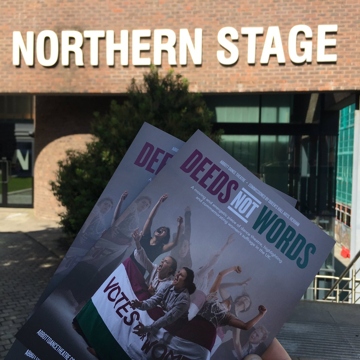abbottdance's tweet photo. We’re here! The final performance of the #deedsnotwordstour at @northernstage is tonight! 💚💜 #votesforwomen #deedsnotwords #finalshow https://t.co/y9Zq8RmeMo