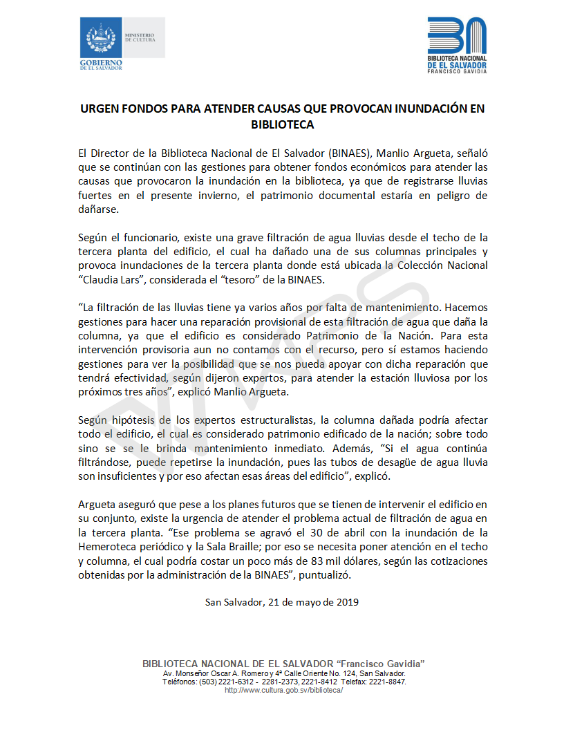 Director de <a href="/BINAES_FG/">Biblioteca Nacional</a> informa sobre urgencia de obtener fondos económicos para reparar filtración de agua en biblioteca. <a href="/teledos_tcs/">Teledos</a> <a href="/elnoticiero_6/">El Noticiero</a> <a href="/uhprensagrafica/">LPG última hora</a> <a href="/elsalvadorcom/">elsalvador.com</a> <a href="/UNESCO_es/">UNESCO en español 🏛️#Educación #Ciencia #Cultura</a> <a href="/OEIelsalvador/">OEI El Salvador</a> <a href="/alcaldia_ss/">Alcaldía de San Salvador</a>