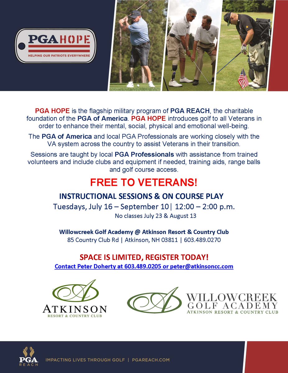 VNOCVets's tweet photo. An awesome opportunity for veterans to learn the game of golf at one of the nicest courses in the area! Please spread the word! #golf #veterans #golflessons #atkinson #newhampshire #merrimackvalley #supportveterans #free #veteran #golfcourse #atkinsoncountryclub #learngolf #fun https://t.co/eQAJQISrm4