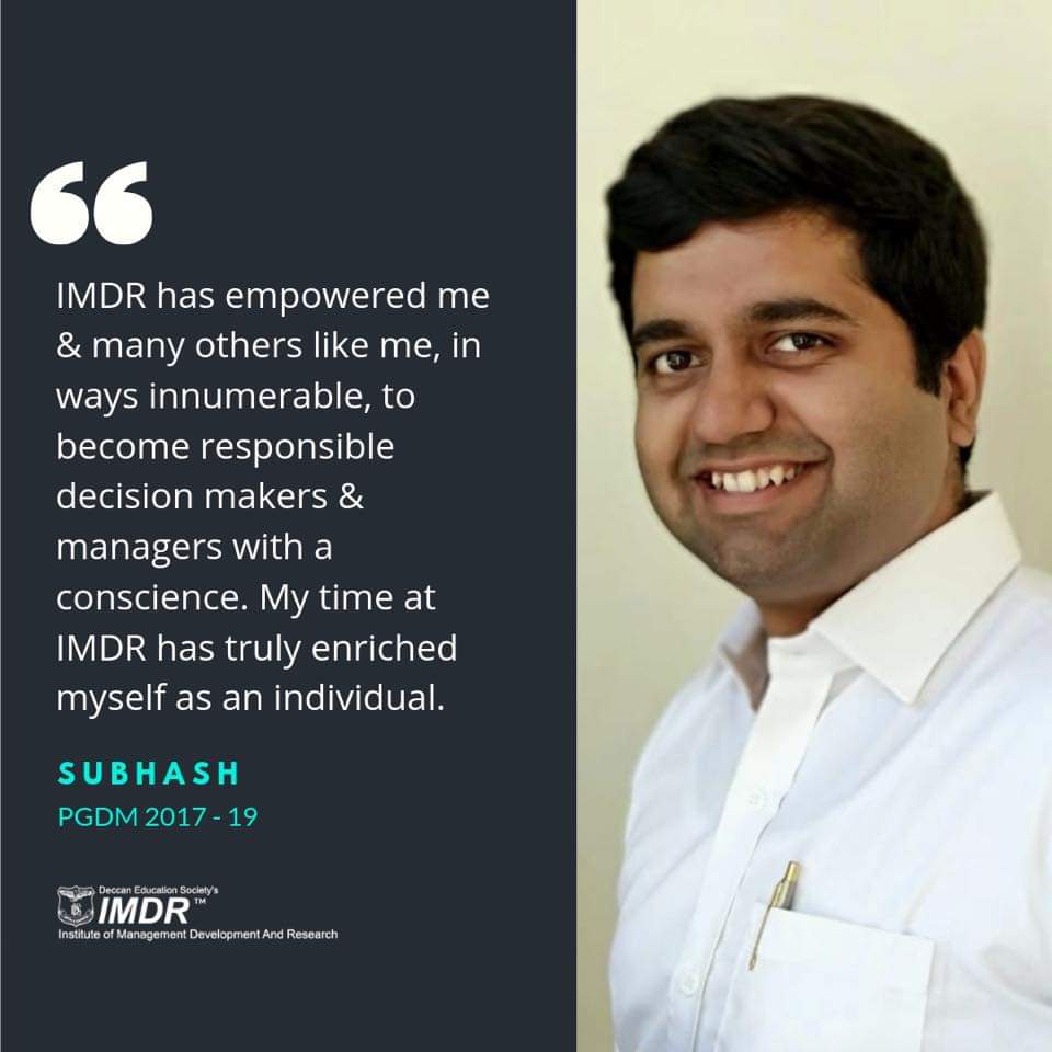 ImdrPune's tweet image. It's always heartening to know that #values we hold dear resonate with our students, year after year. Take Subhash, amongst our toppers from the PGDM 2017 - 19 batch. Subhash credits the Student Driven Learning System at #IMDR for empowering him. #WeAreIMDR