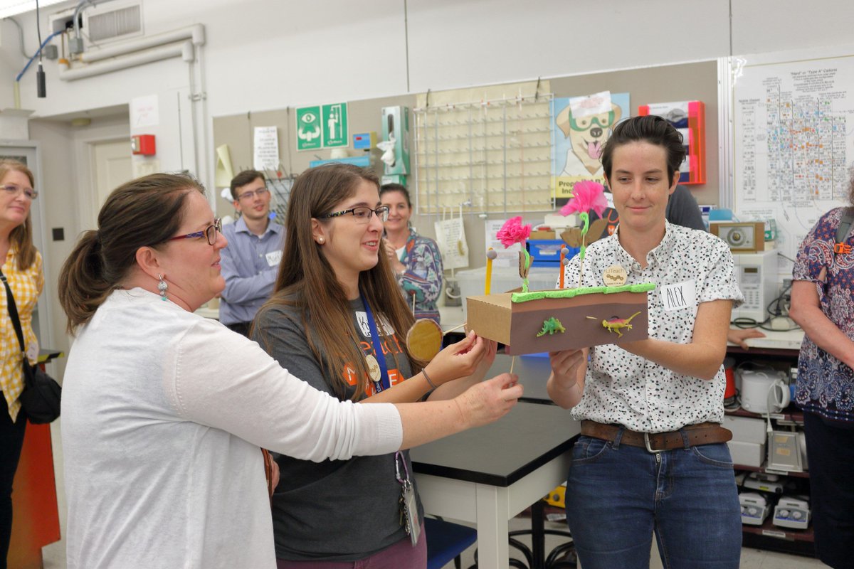 UTeachMaker's tweet image. Third time is a charm. Check out @alexmwmorrison with @NYOScharter Kira Lowery and @WVUteach Vanessa Licwov-Channell showing off their cardboard creation inspired by the graduate work of Bobby Woodruff @cstlnau  What a maker STEM extravaganza! #makeforall #uteachconf