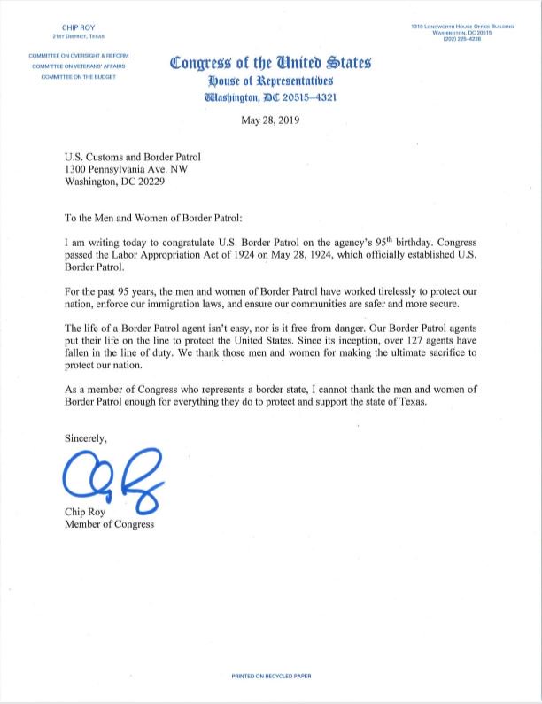 RepChipRoy's tweet image. Today, I sent a letter to @CBP on Border Patrol's upcoming 95th birthday. Congress passed the Labor Appropriation Act of 1924 on May 28, 1924, which officially established U.S. Border Patrol. 

For the past 95 years, Border Patrol has worked tirelessly to protect our nation.