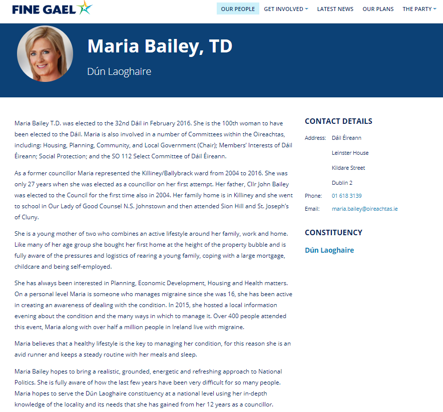LongWayToTipp's tweet photo. Great content on @FineGael website, including bio for low life @MariaBaileyFG who is an embarrassment to herself & the public office she is elected to - "Maria Bailey hopes to bring a realistic, grounded, energetic and refreshing approach to National Politics" #SwingFail https://t.co/B6lfKamvco