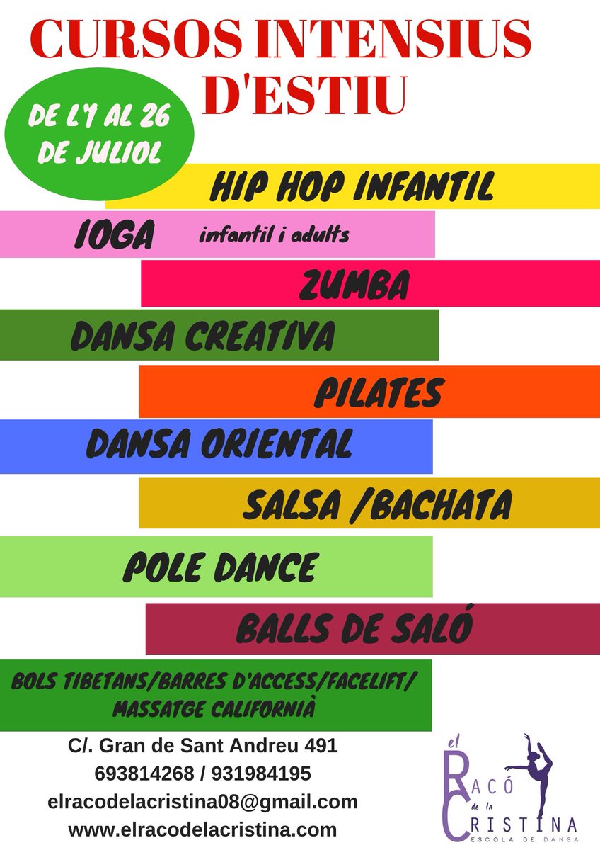 Raco_Cristina's tweet photo. En Junio finalizan las clases regulares, durante Julio habrán cursos intensivos de:
- Hip Hop
- Yoga 
- Danza creativa
- Pilates
- Zumba
- Salsa/Bachata
- Bailes de salón
- Danza oriental
- Pole dance
- Cuencos tibetanos/Barras Access/Facelift/Masaje californiano
Os esperamos! https://t.co/BjkwAsdIRH