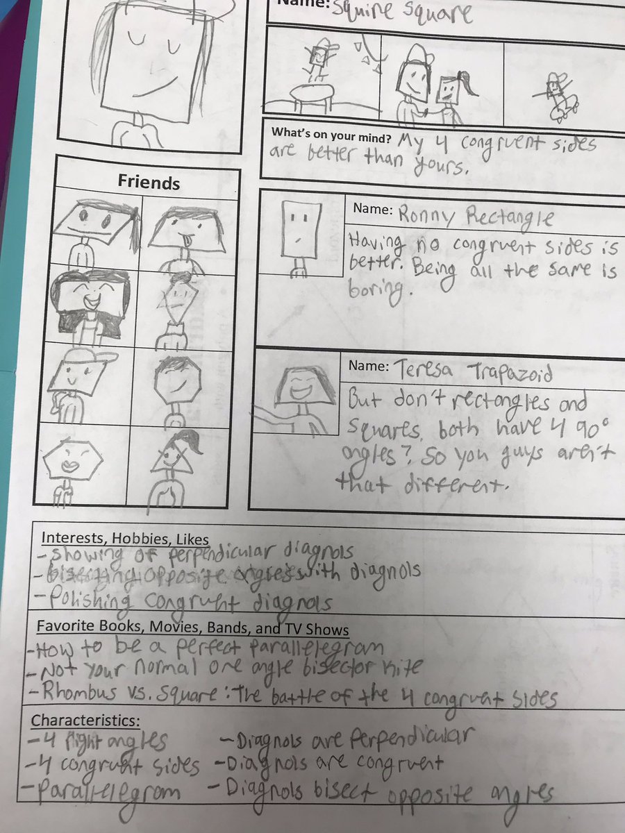 Jenlynn_h's tweet image. I had my students create Facebook pages for different quadrilaterals to help them understand the characteristics of each type. I got some good ones! #punny #ESSDExcels #eshsmath