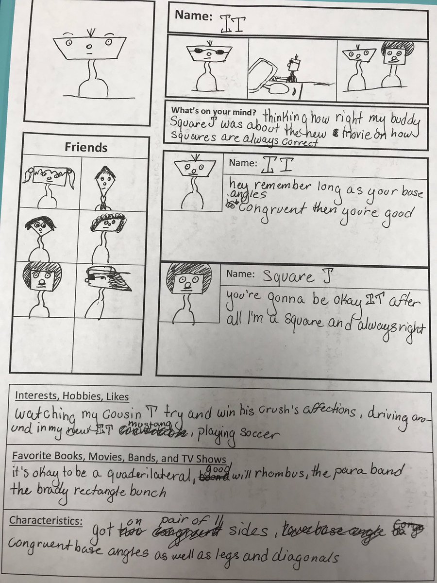 Jenlynn_h's tweet image. I had my students create Facebook pages for different quadrilaterals to help them understand the characteristics of each type. I got some good ones! #punny #ESSDExcels #eshsmath