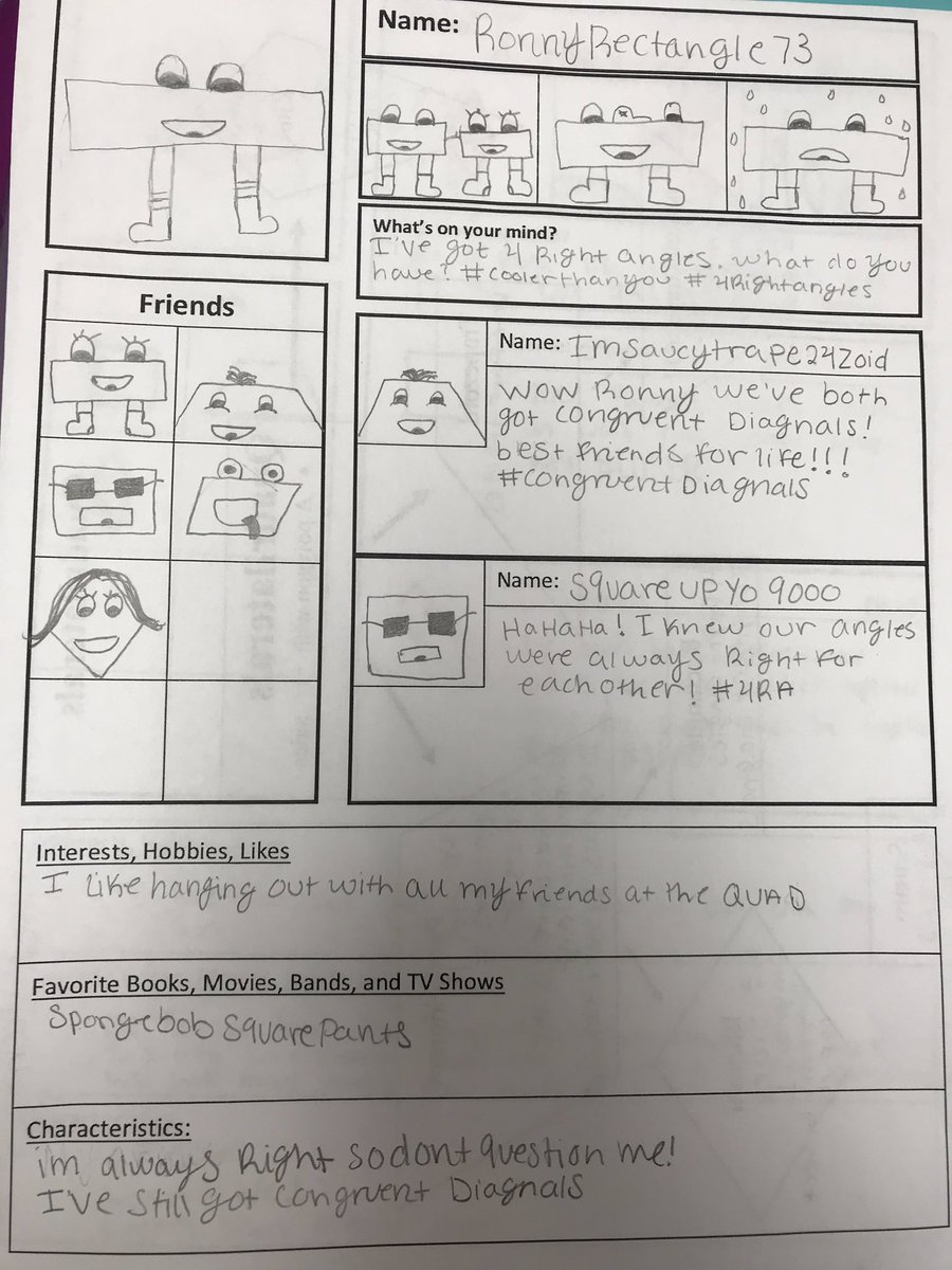 Jenlynn_h's tweet image. I had my students create Facebook pages for different quadrilaterals to help them understand the characteristics of each type. I got some good ones! #punny #ESSDExcels #eshsmath
