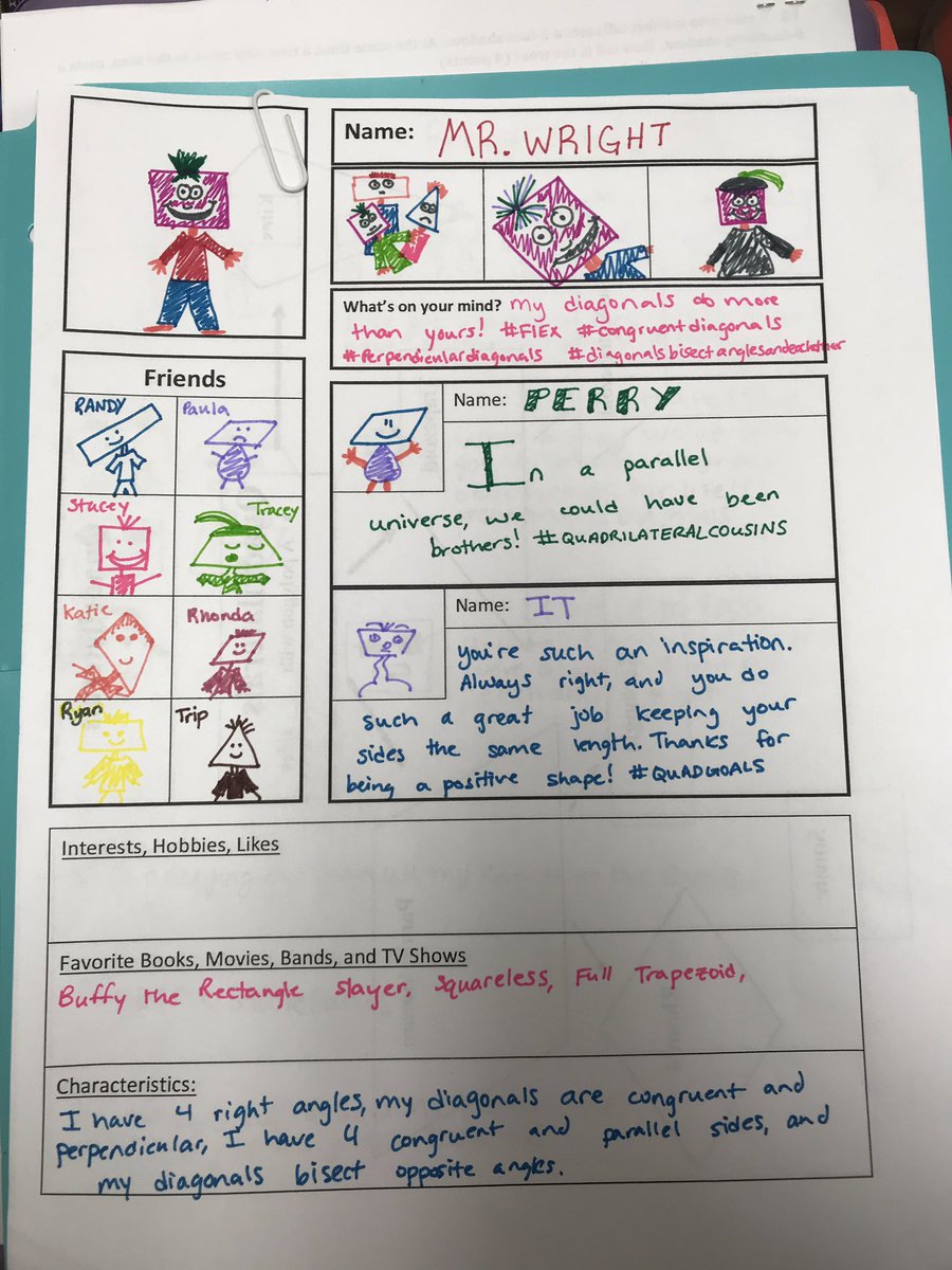Jenlynn_h's tweet image. I had my students create Facebook pages for different quadrilaterals to help them understand the characteristics of each type. I got some good ones! #punny #ESSDExcels #eshsmath