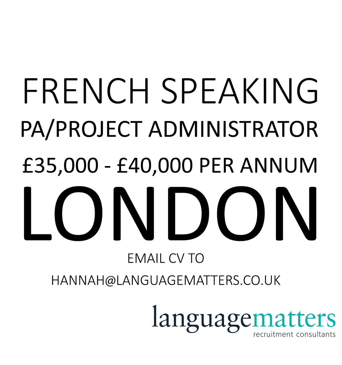 HOT JOB! *** FRENCH SPEAKING PA/PROJECT ADMINISTRATOR *** 

If you are interested or know someone who could be, please get in touch with Hannah at hannah@languagematters.co.uk

bit.ly/2VAqedb

#Languagematters #london #PA #ProjectAdministrator #London