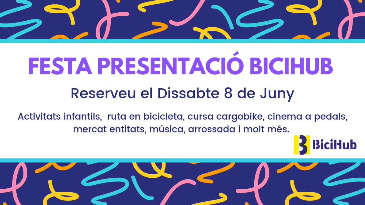 El BiciHub estem de celebració 🚲🎉 i volem que el barri i la ciutat estigui de festa el dissabte 8 de Juny, anirem informant de tot el que tenim preparat. #reservaladata #8juny #FestaBiciHub