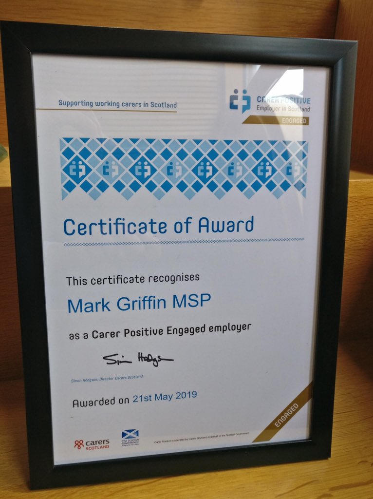 MarkGriff1n's tweet photo. Delighted to receive my @CarerPositive #engaged certificate from @simonghodgson. I'm proud to recognise the work that carers do in a positive and supportive working environment. More employers need to do the same - and say when they do! #carerpositive https://t.co/abO0ZhkoTs