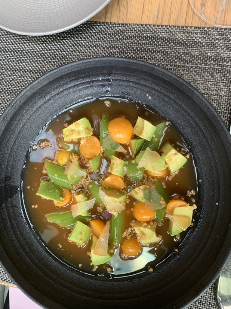 Rush to Kith/Kin in Washington by the Patomac River to eat Kwame Onwuachi’s wonderful African/ Caribbean food. His Cucumber and Avacado Salad, with its halved golden berries and its haunting fruity dressing, is beyond delicious.