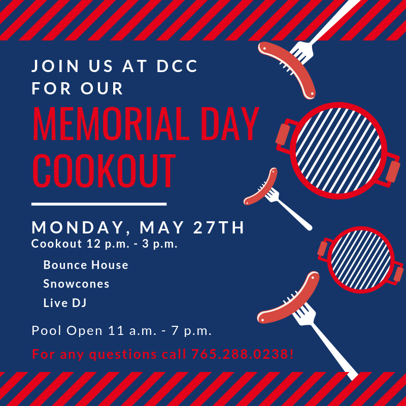 DCC_Muncie's tweet photo. Join us at #DCC for the Memorial Day Cookout on Monday, May 27th.  The pool opens at 11:00am and the cookout starts at 12:00pm.  We hope to see all our members for Memorial Day!! 🍔🌭  #MemorialDay #cookout #ilovedcc #makingmemories #becomeadccmember #countryclub #delawarecc https://t.co/ml6QEnD5Yn