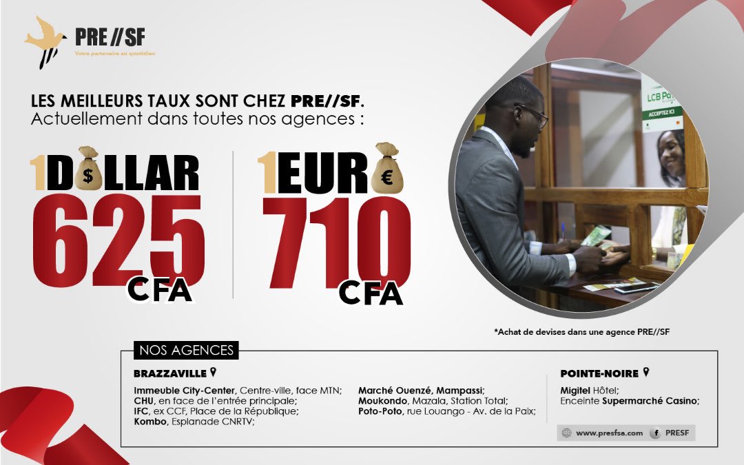 presf_cg's tweet photo. Les meilleurs taux sont chez PRESF. Actuellement dans toutes nos agences 👇🏽👇🏽 #ChezMoiAuCongo  #finance #moneychange #wu https://t.co/WKu8yrNxcg