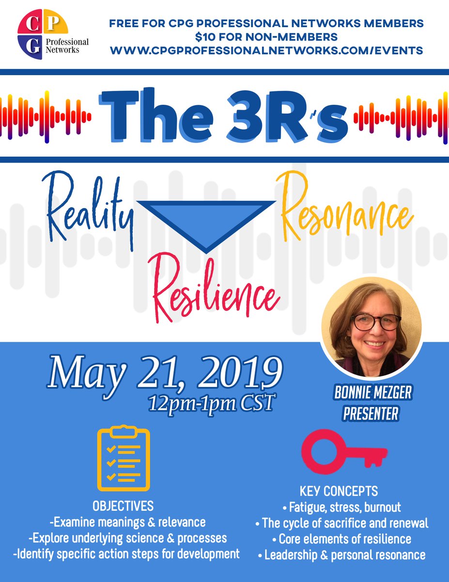 CpgNetworks's tweet image. Join us TODAY for Lunch 12:00 - 1:00 Central Time!
Bonnie Mezger, MSOD leads the discussion The 3R&apos;s; Reality, Resilience and Resonance!

Join the Webinar!
Zoom Webinar: Join URL: zoom.us/j/856782518
CPG Professional @CpgNetworks, @Kraftfoodsalumn