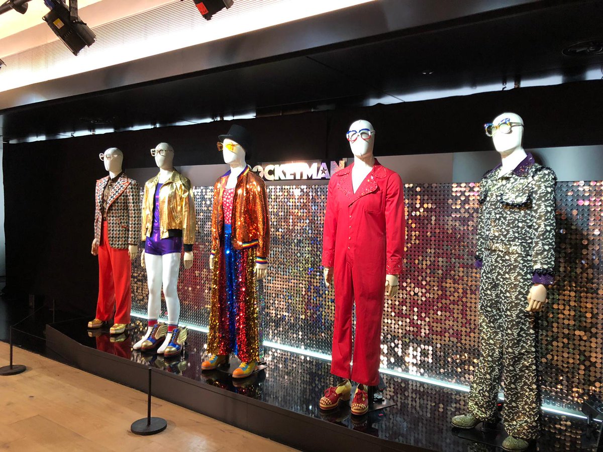 MadeUpLtd's tweet photo. Costume exhibition for #Rocketman, the Elton John biopic, displayed at various venues during screenings including the V&amp;A, Swarovski store, and the film’s UK premier at Cineworld Leicester Square. #rocketmanmovie #eltonjohn #costumedesign #exhibition https://t.co/KPt3xS3fnI