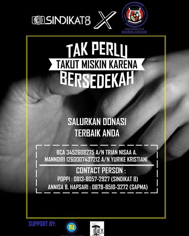 Sindikat_8's tweet photo. Sindikat 8 Budi Luhur x Sapma PP Budi Luhur x BLACK Budi Luhur

Mengadakan kegiatan Berbagi Takjil Ramadan 1440H akan dilaksanakan: 
Hari : Kamis, 23 May 2019
Jam : 17:00 - selesai
Lokasi: Depan Gedung/ Gerbang Universitas Budi Luhur Jakarta
Bagi yang in… https://t.co/zKyRk39oys https://t.co/KgfiTLjEcC
