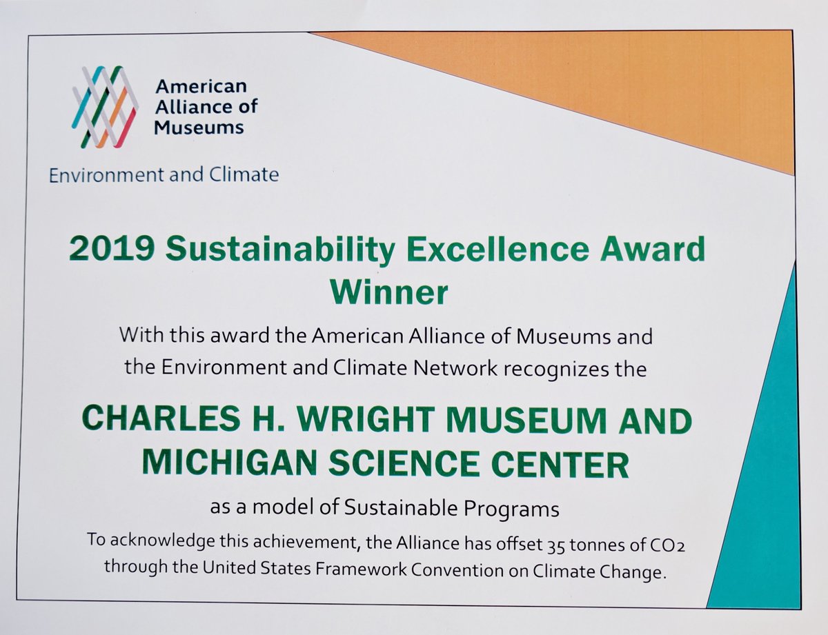 TheWrightMuseum's tweet photo. We win together! @thewrightmuseum & @mi_sci were awarded the 2019 National Sustainability Excellence Award for #greenprograms from the American Alliance of Museums (@AAMers)! Read our research here: https://t.co/hlDZT8ZCbP #WeAreStillIn #RippleOfImpact #AAM2019 @EnvirAndClimate https://t.co/g0w14czGoe