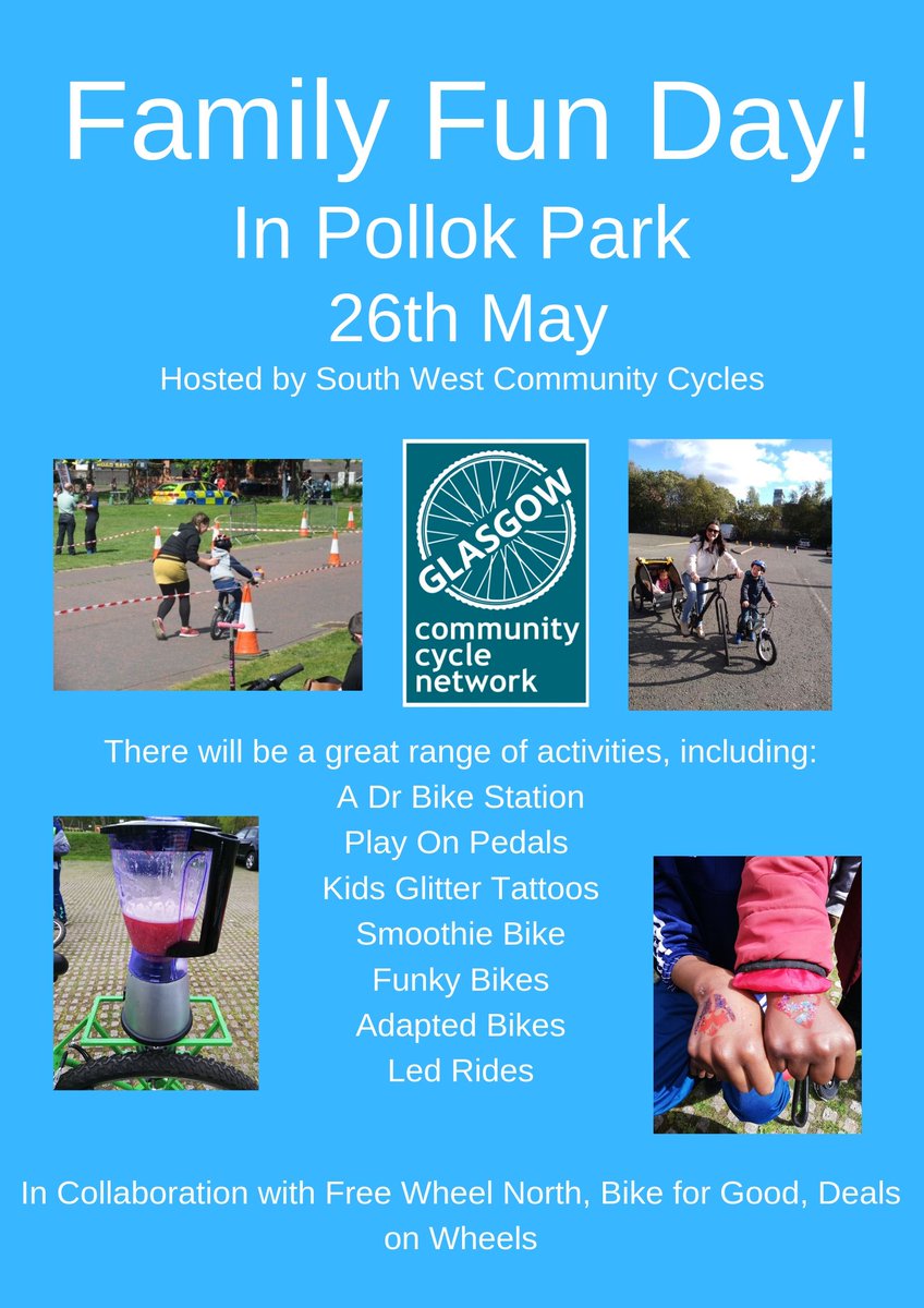 SWCC7's tweet image. Cycling Fun Day Event in Pollok Park! 11am - 3pm
 You are invited to join us in Pollok Park on Sunday 26th May for a Cycling Fun Day with the Glasgow Community Cyclng Network! 🤩🤩🤩🚴‍♀️🚴‍
