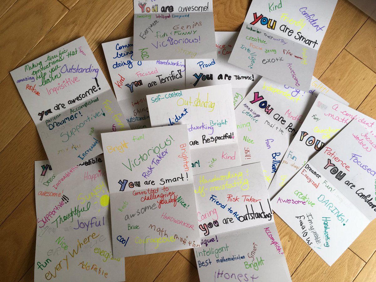 AmySeibel2's tweet photo. Cards filled with kind and caring words from the grade 4s to the grade 3s in preparation for EQAO tomorrow #GlenwoodGoesGlobal https://t.co/KdUoET4YG5