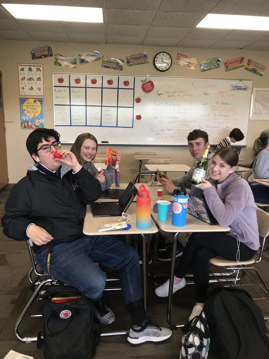 MissHannyBHS's tweet image. We are celebrating fun times writing awesome papers in AP Lit with sparkling grape juice and daily snacks! #writinggroups