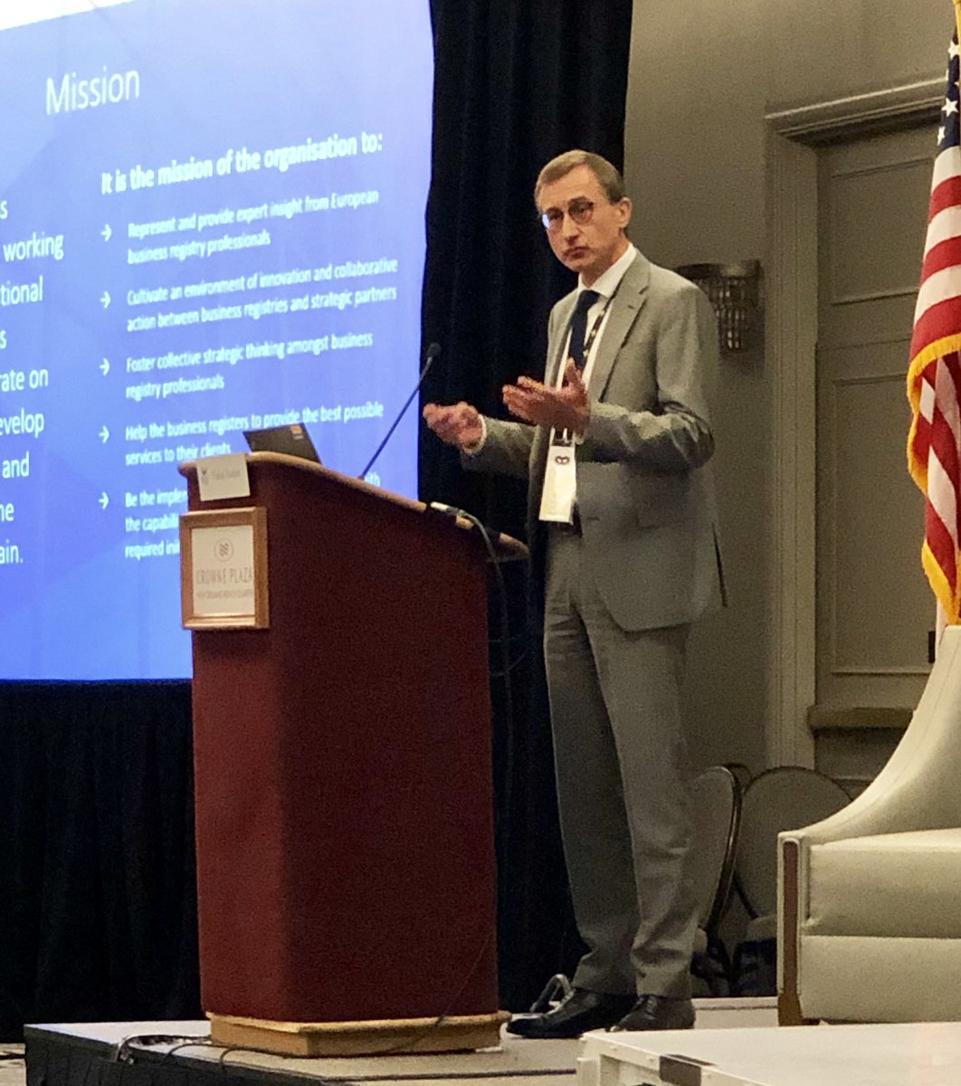 Yves Gonner of Luxembourg 🇱🇺 speaking to delegates on the new European Business Registry Association and the upcoming EBRA Conference in Estonia. <a href="/EBRATallinn/">EBRA 2019 Tallinn</a>  #EBRA #IACA19