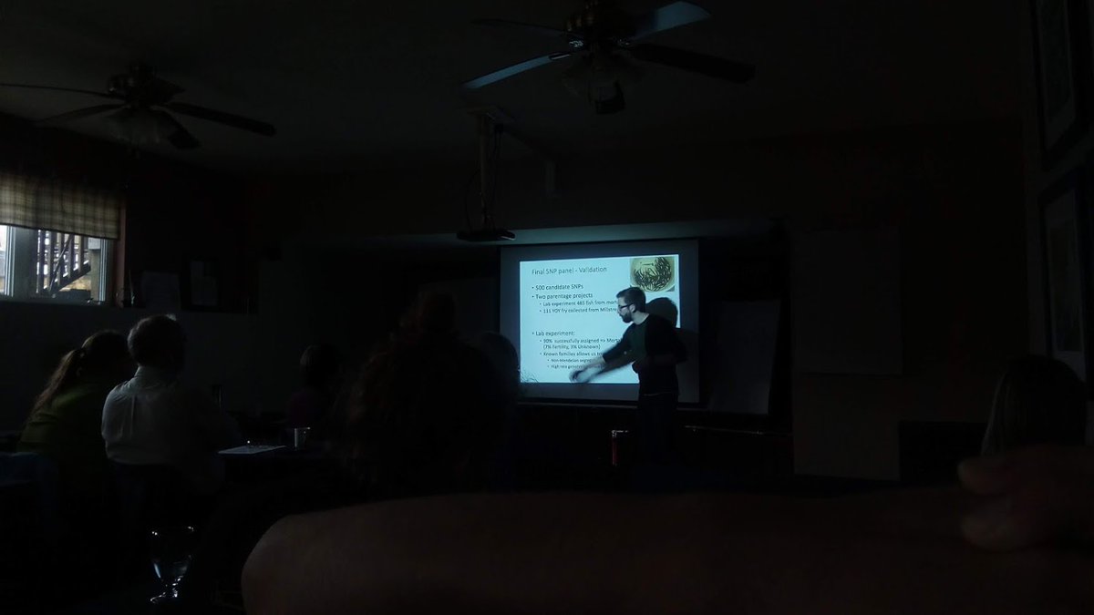 UNBsalmon's tweet photo. Genetics can be used to "tag" supplemented fish &amp; identify the parents of future fish generations. Gene-Kyle (Dr. Wellband) presenting how to choose genetic markers &amp; test in natural and lab experiments. #ParentageBasedTagging

#CAST #CASTScienceColloquium #yearofthesalmon https://t.co/REtxEN7vHc