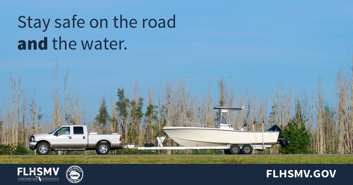 FLHSMV's tweet image. When towing a vessel, make sure it’s properly secured with lights working and reflectors in place. Check the tires for damage and adequate tread and pressure. Slow down and take care when passing vehicles. #SafeBoatingWeek #TireSafety #FHP @SafeBoatCouncil @myFWC @USTireAssoc