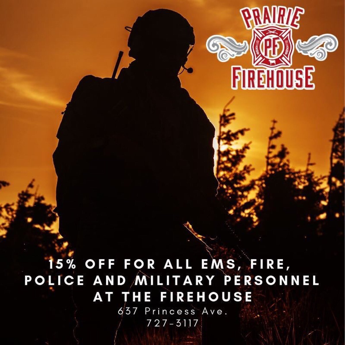 P_Firehouse's tweet photo. Thank you for your service! Military, Fire, EMS, police always receive a 15% discount on their food at Prairie Firehouse #thankyou #letusserveyou #protectors #youworkhard #prairiefirehouse #patiodate https://t.co/IeNSReWDKO