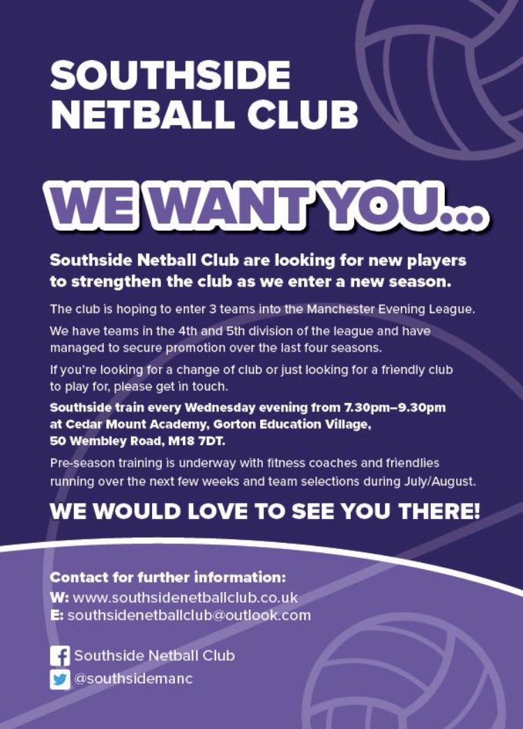 RydenMiss's tweet photo. Come and join a great netball club in Manchester! We’re training over summer - come down and join us to get a taste of it. #netball #manchester https://t.co/Q8ze8DmjKS