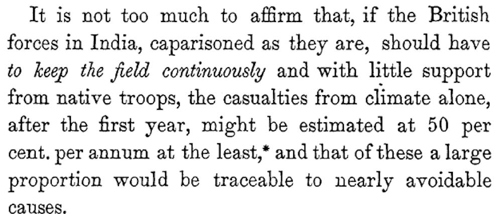 He begins with pointing out that the biggest enemy of the British soldier stationed in India is the climate and more specifically the high temperature and exposure to sun.