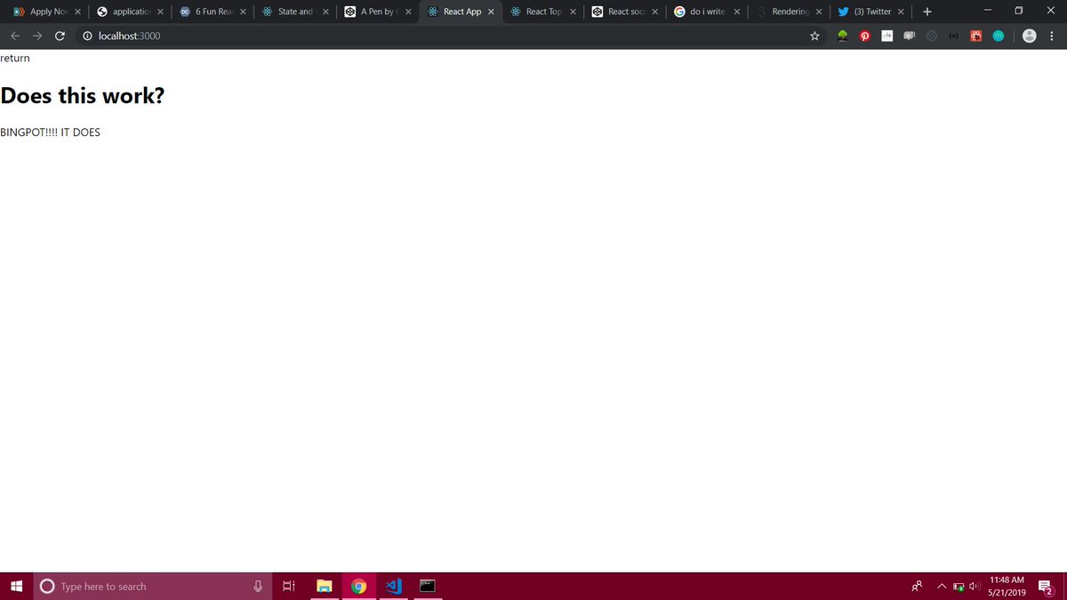 javamazon's tweet image. Made my first React component render. I am so freaking excited. It&apos;s the little things. Things are making sense! I&apos;ve definitely gotten the React bug. #reactjs #javascript #momscancode #CodeNewbie #learning #programming #301DaysOfCode #womenintech