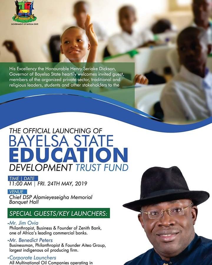 bazisam1's tweet photo. Official launching of the Bayelsa State Education Trust Fund

Time: 11:00AM Prompt
Venue: Chief DSP Alamieyeseigha Memorial Banquet Hall
Date: Friday 24th May, 2019

Key Launchers:

- Mr. Jim Ovia : Philanthropist, Business and Founder of Zenith Bank, one of Africa's leading ... https://t.co/nBZHb8nViK