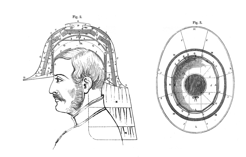 One of the proposed helmets had double layered outer shell and ventilated spaces between wearer's head and inner surface of the shell so that the hot air trapped inside the helmet could escape. He recommends attaching neck curtains to all helmets to protect lower part of neck