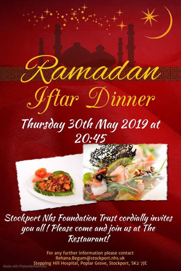 We are very pleased to announce a date for the iftar banquet @StockportNHS! All patients, relatives and staff are invited! I hope to see you lot there. @HazelMariaJone1 @charlyboo27 @Pollybegum3 @DaniWhite89 @philbroadhurst2 @EqualStockport @Nursey_sarah72 @Hospitaliftars