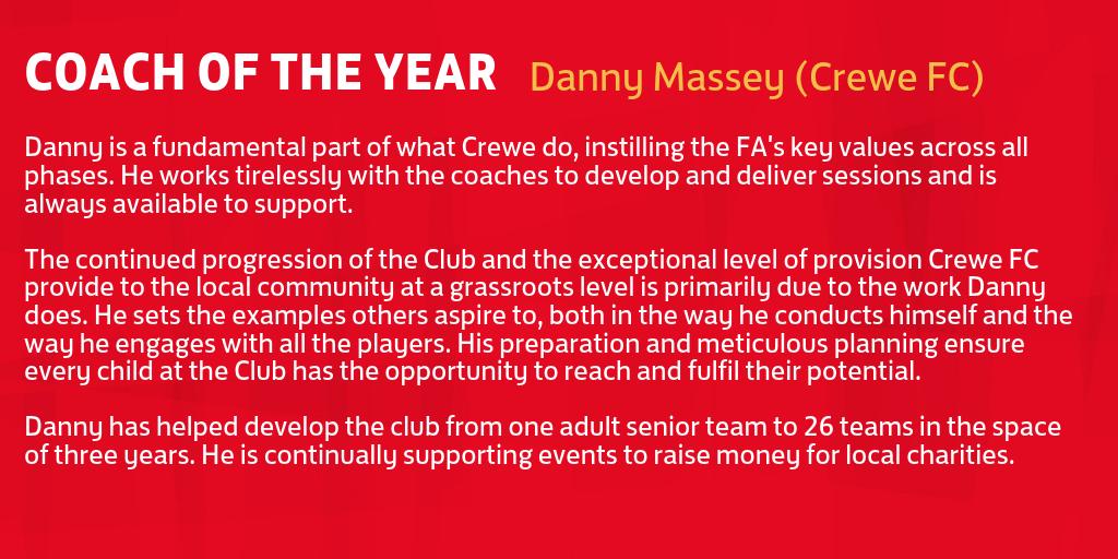 Cheshire_FA's tweet photo. Finally, the 2019 Coach of the Year award for Cheshire is awarded to... Danny Massey from @CreweFC 🙌

A huge well done to Danny for his tireless and continued work towards bettering grassroots football in the local area! 🏆 @CCFACoaches https://t.co/qFkrdi5yG7