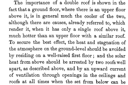 He also recommends having a double roof, with a gap of about a yard between the two parallel layers, to provide additional cooling for these upper floor dwellings.