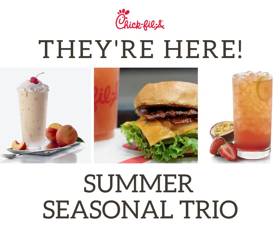 CFA_Flagstaff's tweet photo. Exciting news this week!! We welcome 3 seasonal items to brighten your Summer ➡️ returning summer faves: Smokehouse BBQ Bacon Sandwich &amp; Peach Milkshake. And NEW to the menu is our Strawberry Passion Tea Lemonade! 🍓🍋Come by and try some today!! https://t.co/Hy3npNHcD0