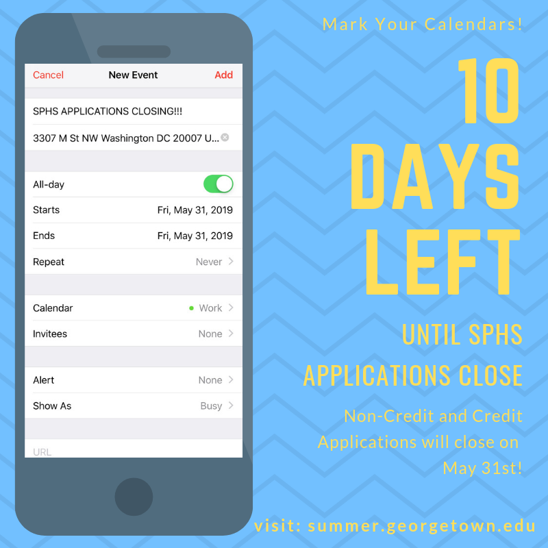 GeorgetownSPHS's tweet photo. Attn: Summer High School Programs applications will be closing in 10 DAYS!! Apply today before applications closed. #Georgetown2019 https://t.co/zHPl3HqQWC