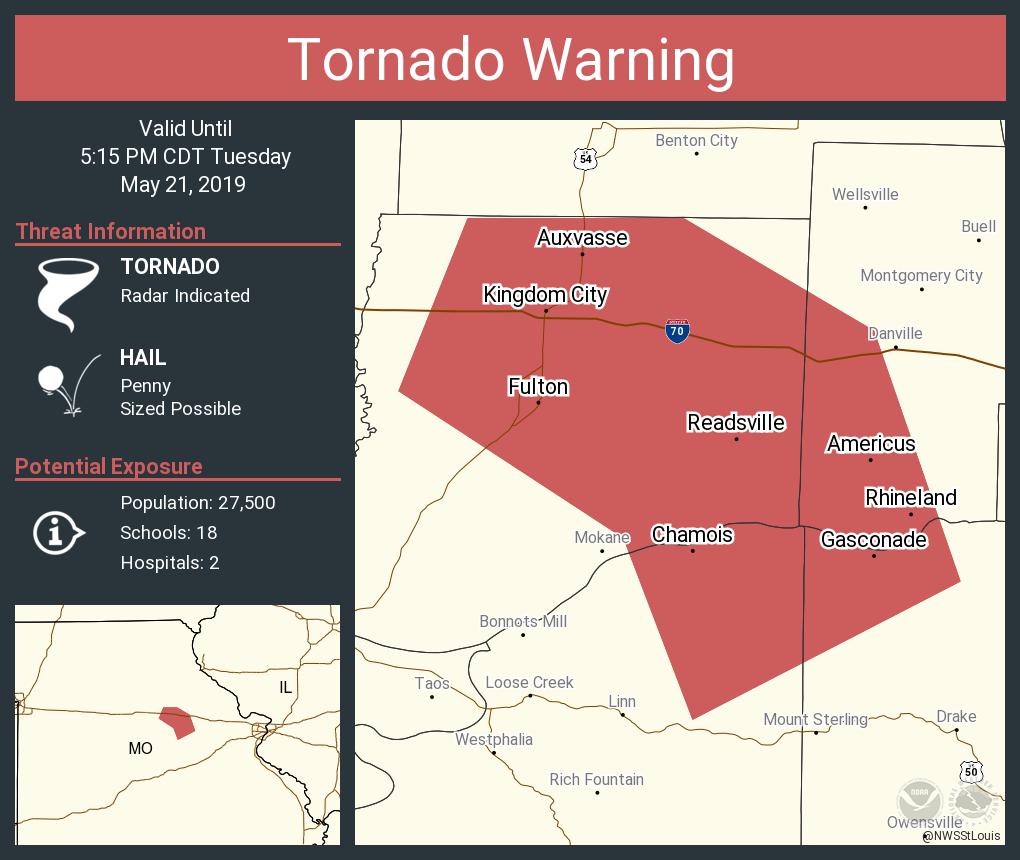 Tornado Warning continues for Fulton MO, Auxvasse MO, Chamois MO until