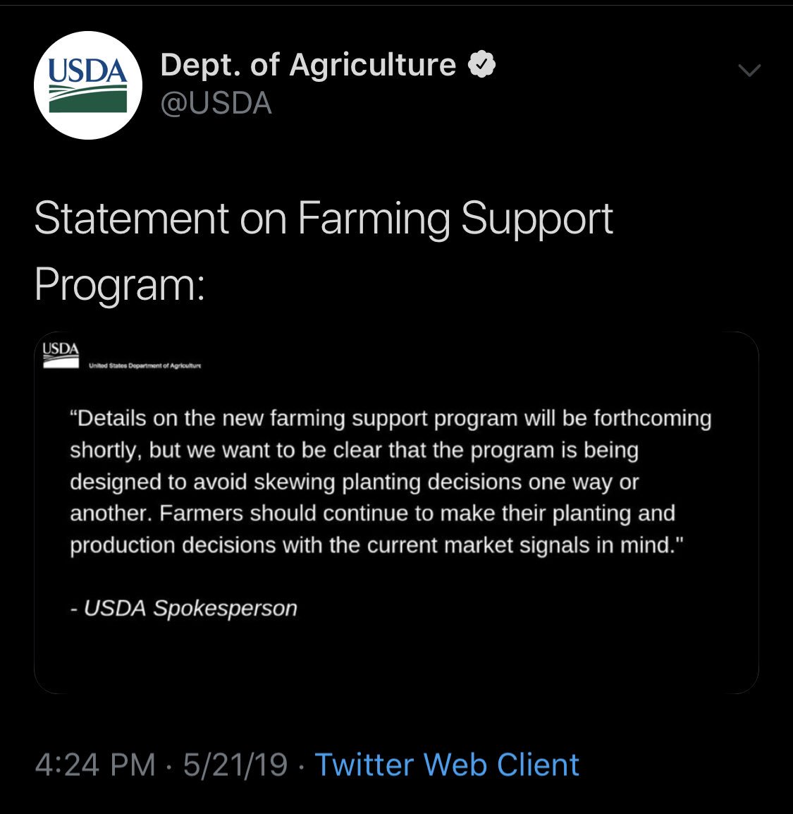 Spencer_Chase's tweet photo. For those of you keeping score at home, USDA has now issued three different statements on Bloomberg’s reporting. https://t.co/DVIQiFncE0