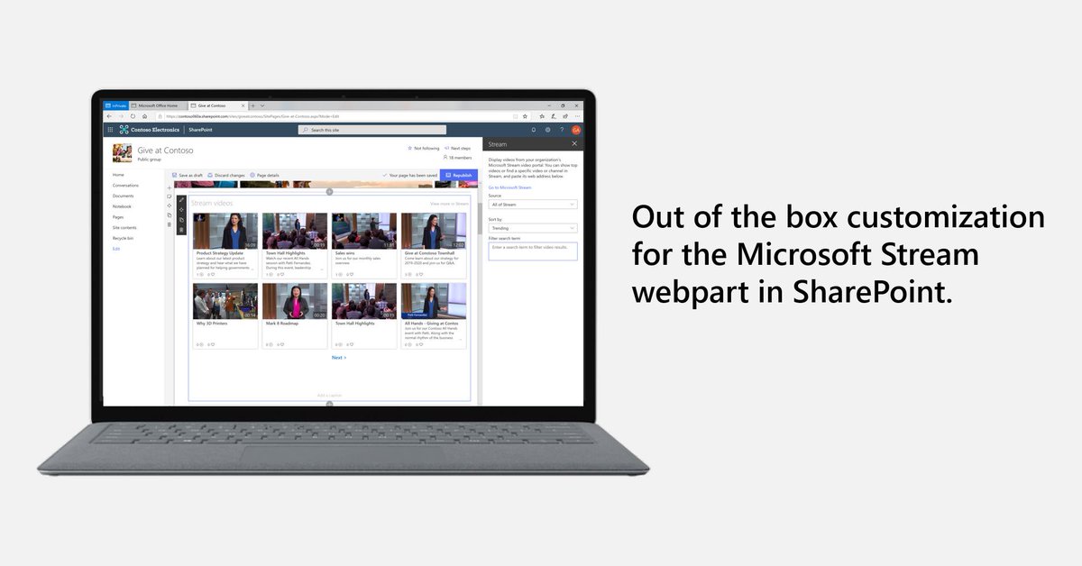 With the <a href="/MicrosoftStream/">Microsoft Stream</a> web part for <a href="/SharePoint/">Microsoft SharePoint</a> Online, you can highlight #MicrosoftStream content in a #SharePoint page for a single video, a channel, and now across all of Microsoft Stream. msft.social/gpIeCf